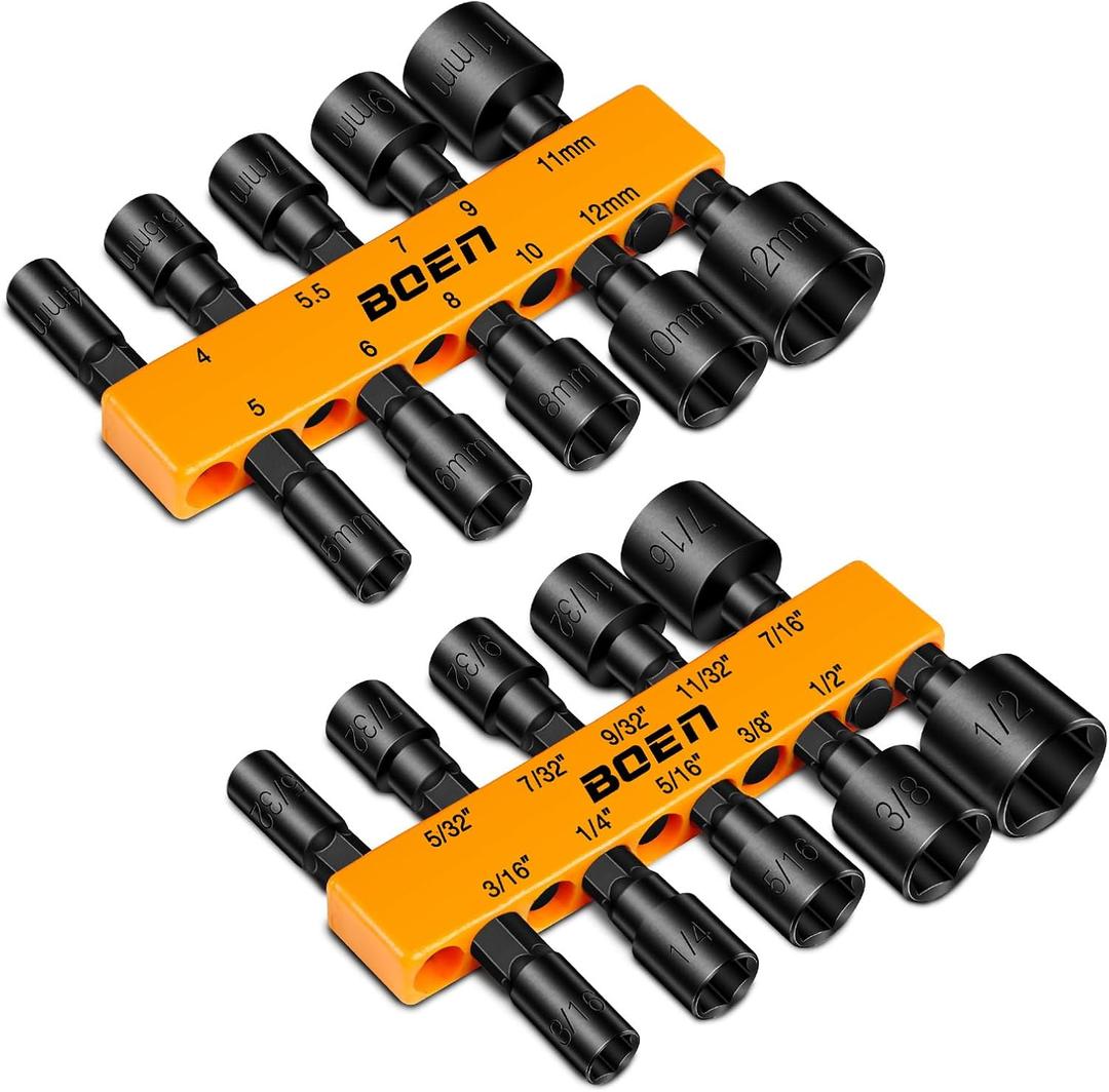 BOEN 20-Piece 1/4" Hex Power Nuts Driver Set, Metric (4-12mm) & SAE (5/32"-1/2"), Chrome Vanadium Steel