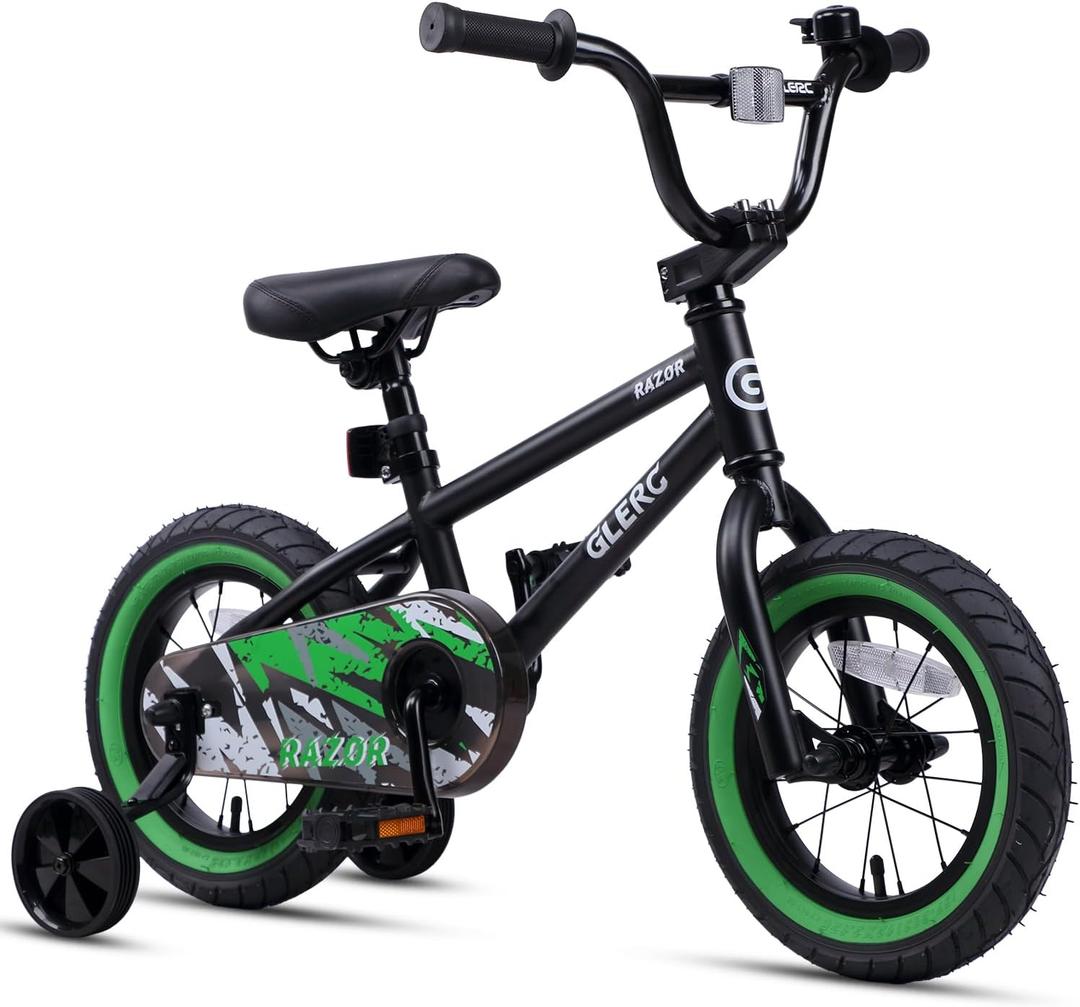 Glerc Kids Bike for Ages 1-8 Years Old, 12-16 Inch BMX Style Kids Bicycle with Training Wheels, Boys Bike for Children and Toddler, Multiple Colors (Black and Green)