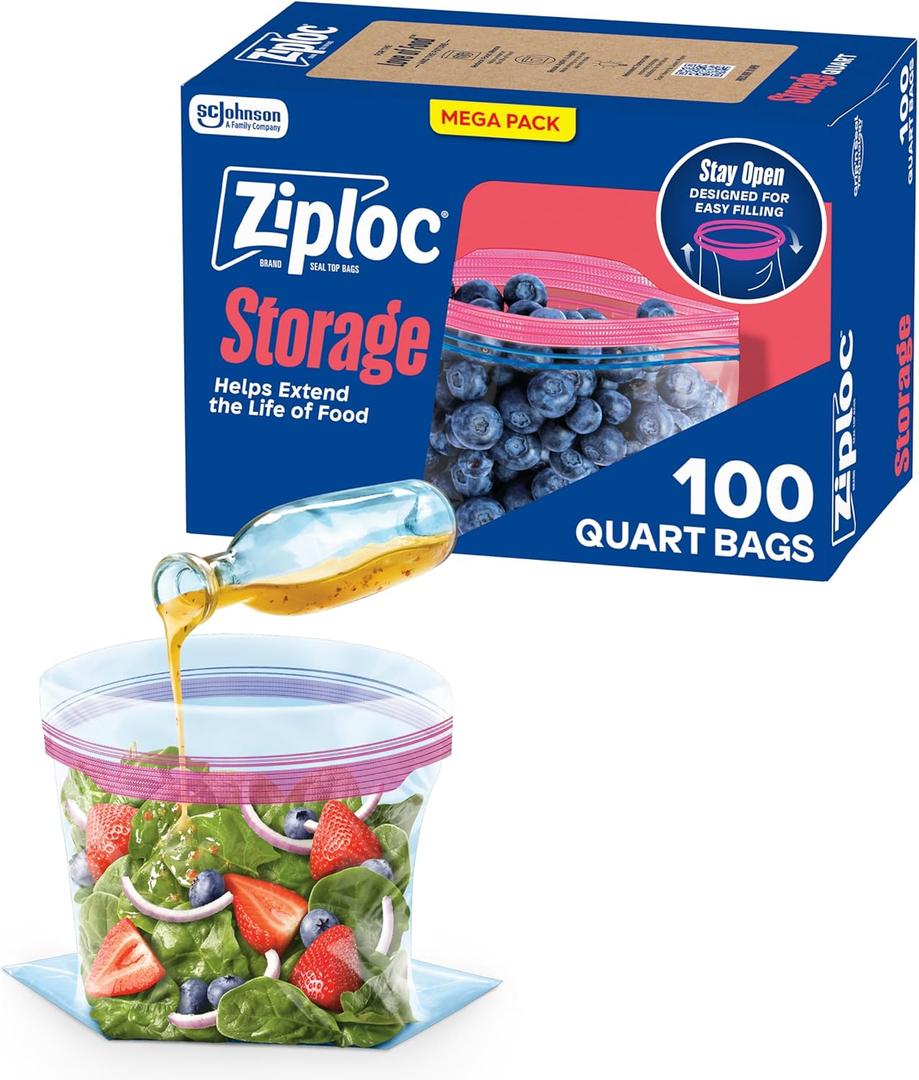 Ziploc Quart Food Storage Bags, Stand-Up Bottom, Easy to Fill, 100 Count