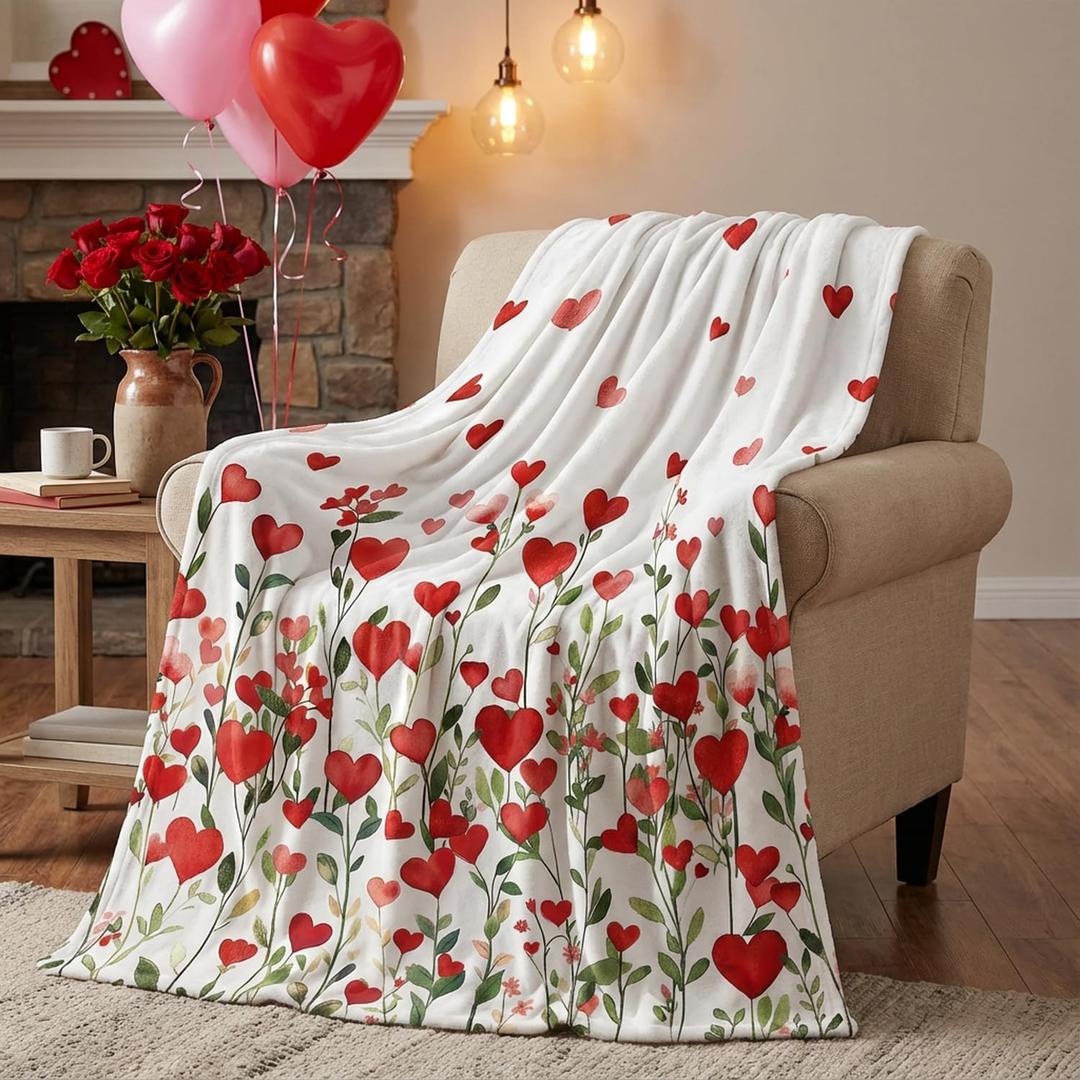 Horaldaily Valentine Flannel Blanket Throw, Floral Love Hearts Soft Fuzzy Plush Cozy Fleece Blankets for Couch Sofa Bed Lounging, Ideal Gifts for Kids Adults Wife Self, 50x60 (Red)