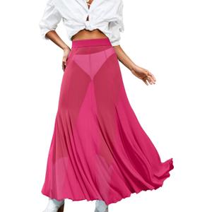 Women's Sheer Mesh Maxi Skirt, Long Flowy Pleated Swim Cover Up, for Festival Rave Outfits (Large, Hot Pink)