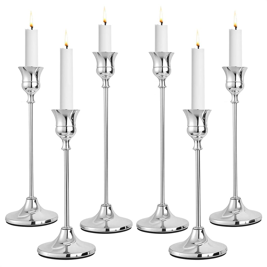 CHILL RECIPE Silver Taper Candle Stick Holders Tall Candle Holder, Vintage Candlesticks Holder Bulk for Home Decor Table Centerpiece Dining Party Festival Decorations (2 Set 6Pcs)