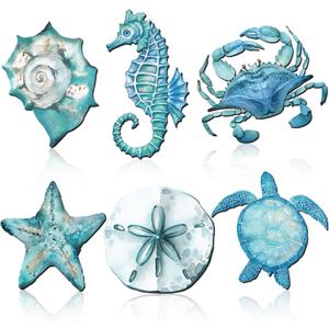Tandefio 6 Pcs Coastal Wall Decor Ocean Beach Metal Wall Art Sea Life Turtle Seahorse Crab Shell Conch Bathroom Hanging Decor for Nautical Theme Home Living Room Bedroom Outdoor Decorations