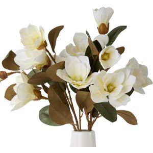 2PCS 32.2inch Artificial Magnolia Flowers 3D Real Touch 6 Heads Faux Magnolia Flower Bouquets Realistic Long Stem with Green Leaves for Home Wedding Table Office Floral Arrangement Decoration (White)