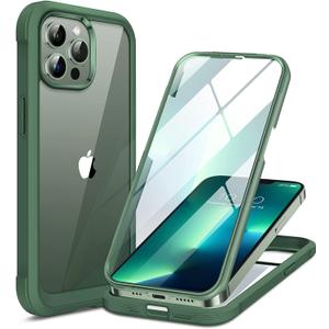 Miracase Glass Case for iPhone 13 Pro Max 6.7 inch, Upgrade Full-Body Clear Phone Bumper Case Cover with Built-in 9H Tempered Glass Screen Protector, Acacia Green