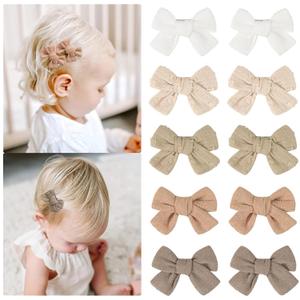 CLLOT 10 Pieces 2inch Girls Hair Bows Linen Fabric Bows Alligator Clips Hair Accessories for Baby Toddlers and Infants5 Pairs Khaki Mini Bow