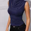 Women's Summer Ruched Mock Neck Top Dressy Casual Draped Sleeveless Work Tank Tops (L)