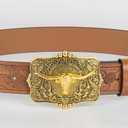 Mawjom Western Cowboy PU Leather Belt - Men Waist Strap Bull Decoration Floral Engraved for Jeans 25" to 38" Waist (Brown-square-buckle)
