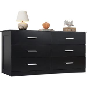 WLIVE Wood Dresser for Bedroom, Wide Chest of Drawers with 6 Drawer, Oak Furniture Large Storage Tower Unit, Closet Store Organizer for Living Room, Hallway, Long Nightstand, Modern Minimalist Black