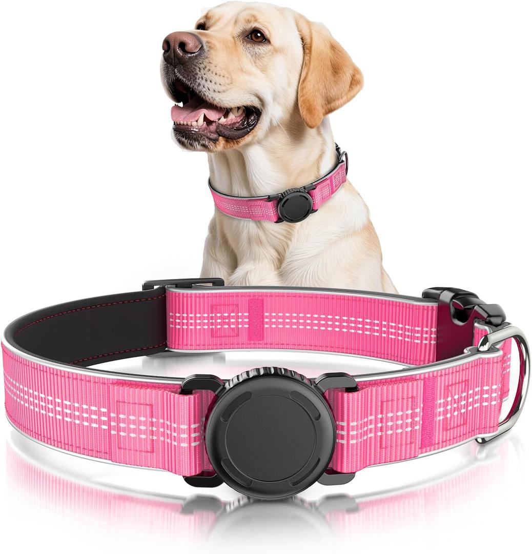Waterproof AirTag Dog Collar - Reflective Comfortable Dog Collars with Air Tag Holder - GPS Dog Tracker Collar with Quick Easy Install - for Large Medium Small Dogs(Pink, XL)