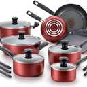 T-fal Initiatives Nonstick Cookware Set 18 Piece, Oven Broiler Safe 350F, Kitchen Cooking Set w/Fry Pans, Saucepans, Saute Pan, Dutch Oven, Griddle, Pots and Pans, Home, Dishwasher Safe, Red