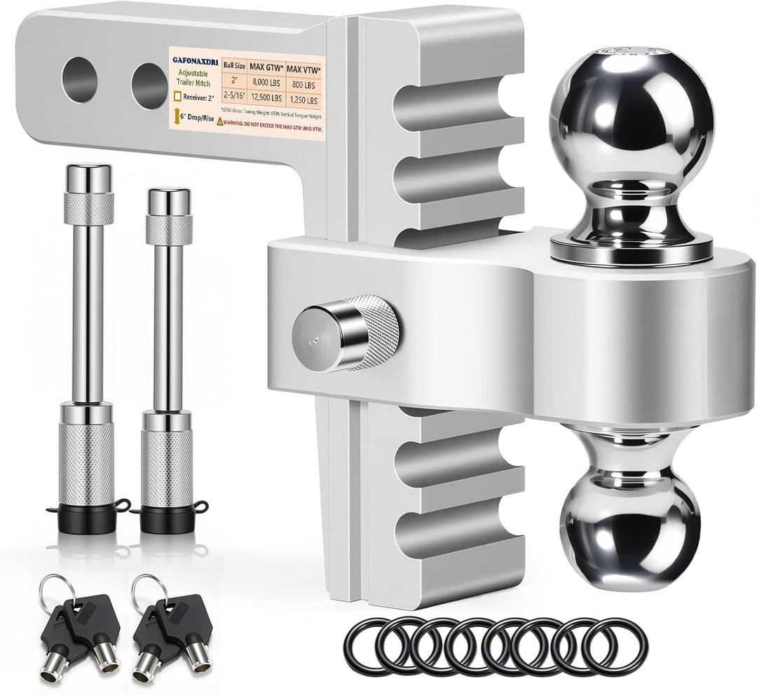 Aircraft Aluminum Adjustable Trailer Hitch for 2 Inch Receiver, Tow Dual Ball 2'' & 2-5/16'' Towing Weight 12,500 LBS, 6'' Drop/Rise, Lightweight/Anti Rust Anti Rattle, Bulletproof Lock Pin
