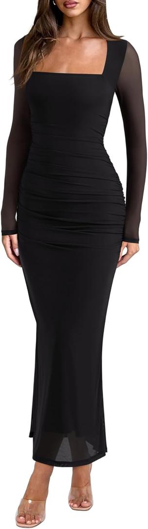 REORIA Long Sleeve Wedding Guest Maxi Dresses for Women Sheer Mesh Square Neck Ruched Bodycon Long Dress 2026 Spring Outfits (Black, L)