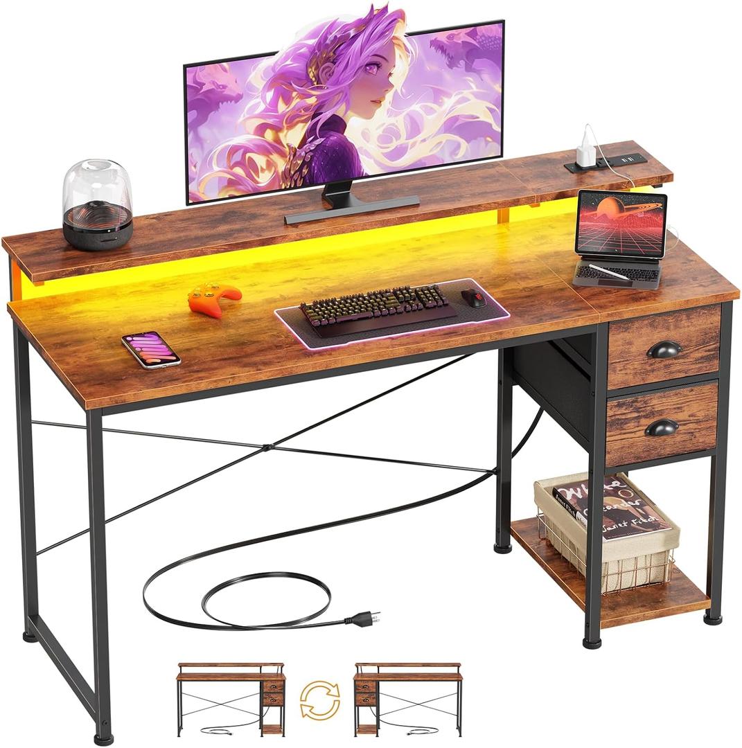 55 Inch Computer Desk with Power Outlets & LED Lights, Home Office Desk with Storage Drawers and Monitor Stand, Writing Work Study Desk for Bedroom Living Room (Rustic Brown)
