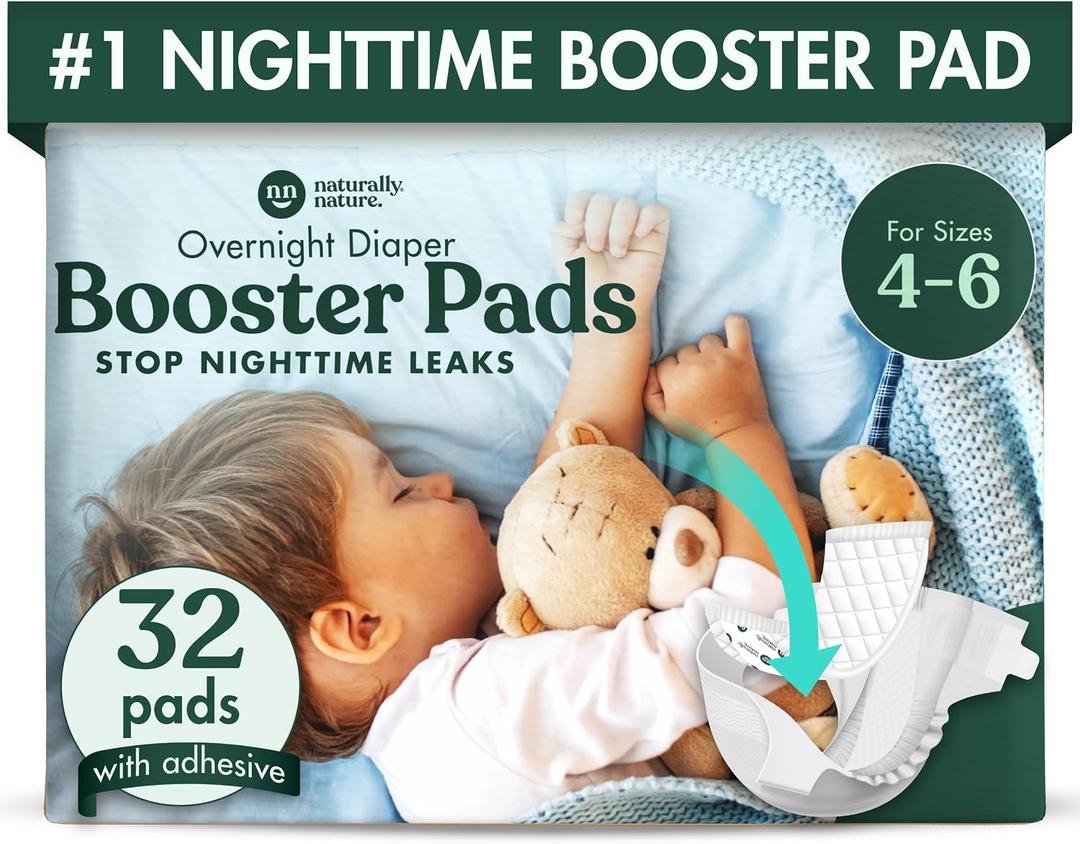 Naturally Nature Overnight Diaper Booster Pads, Stops Overnight Leaking, Diaper Liners for Toddler, Nighttime Diapers Size 5, Adhesive Pad for Girls, Boys, 32 ct.