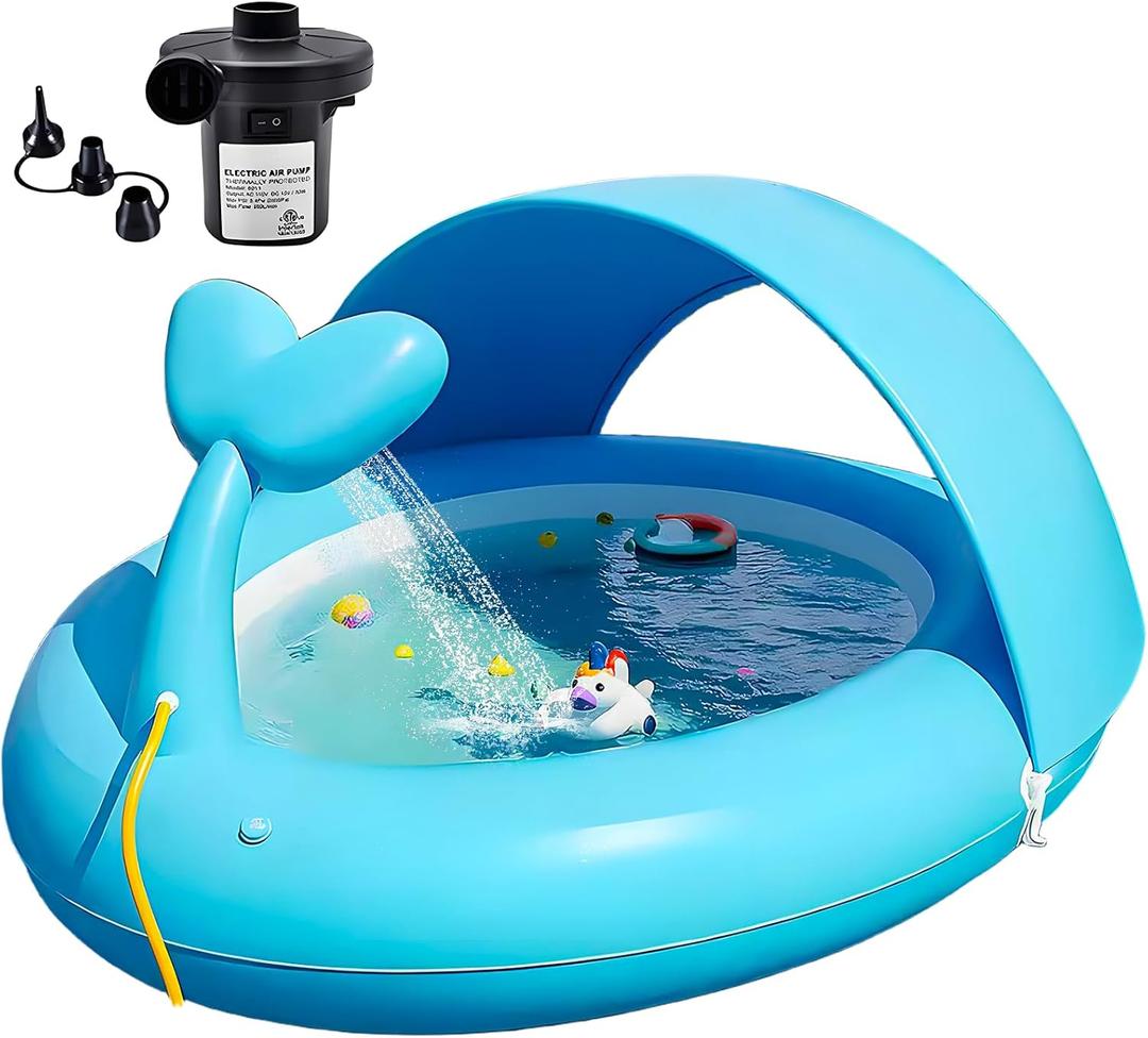 Inflatable Kids Pool with Canopy,Blue Whale Sprinkler Baby Swimming Pool for Toddlers,Portable Kiddie Pool for Backyard Outdoor Water Fun 76.0"64"37.4"