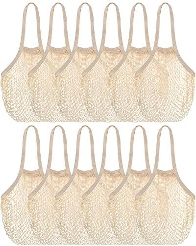 Eccliy 12 Pieces Reusable Cotton Mesh Grocery Bag Farmers Bags Net Shopping Beach Organizer Bulk Aesthetic Portable Tote with Handles for Fruit Vegetable(Beige)