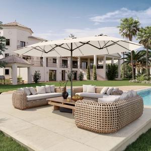 15FT Double Sided Patio Umbrella with Base Included Large Outdoor Market Umbrella with Crank Handle, UV Resistant Canopy, Sturdy Frame for Garden, Poolside, Deck, Creamy White