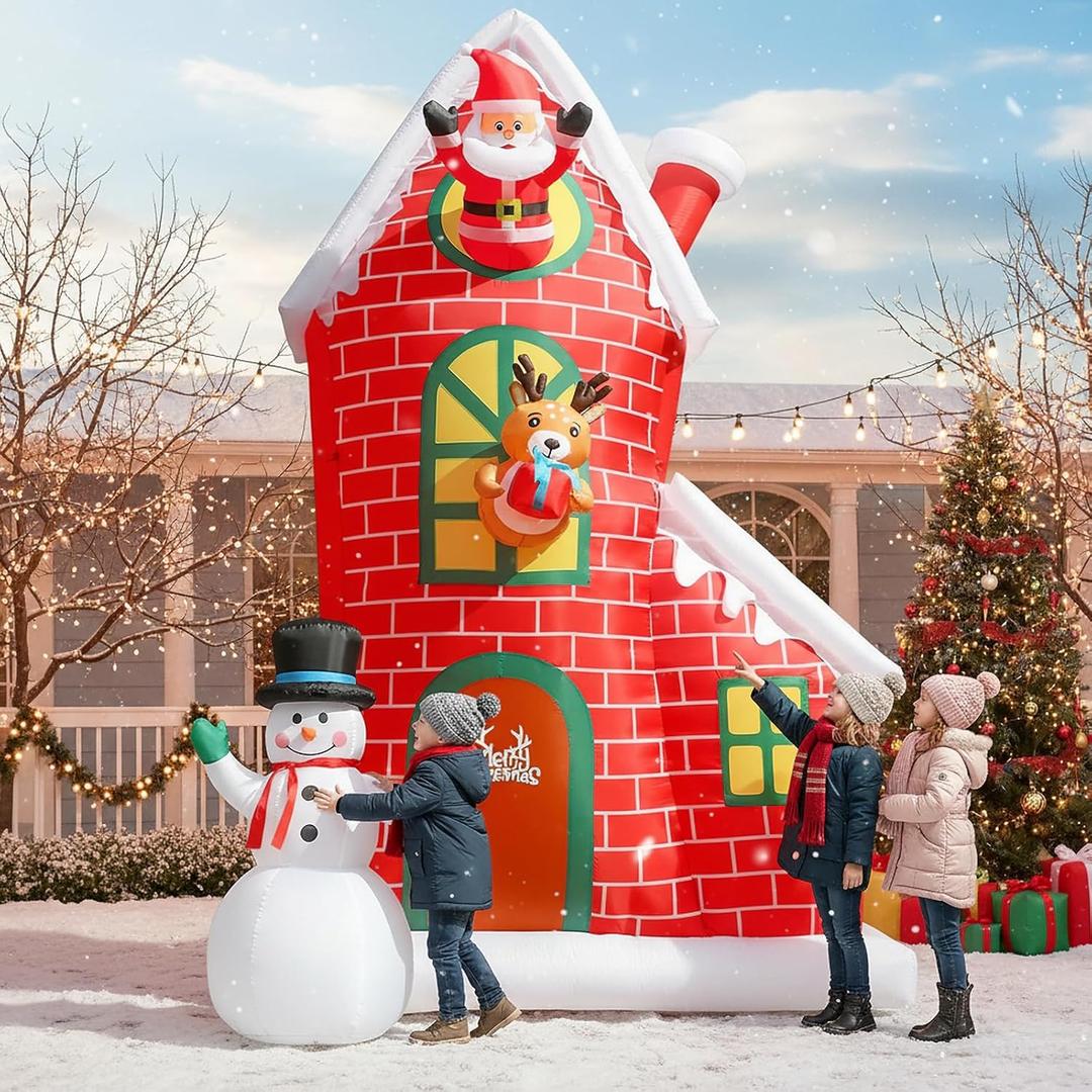12FT Christmas Inflatable Outdoor Decoration, Huge Christmas Castle with Santa Snowman and Reindeer with Built-in LED Lights, Giant Blow Up House with Chimney for Xmas Decor Lawn, Yard, Party