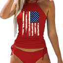 Womens Two-Piece Tankini Set Cow Skull with Leopard Print Sets Swimwear Tankini Top Sets Swimwear (Medium, Flag-red)