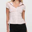 Women's Plaid Shirt Button-up Short Sleeve Collared Slim Fit Casual Summer Blouse Tops (Pink, Small)