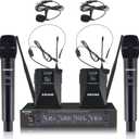 4 Channel UHF Wireless Microphone System with Lavalier Headset Mics, 4x50 Adjustable Frequencies, Ideal for Karaoke Meeting Church, 300ft Range (2 Handheld 2 Bodypack)