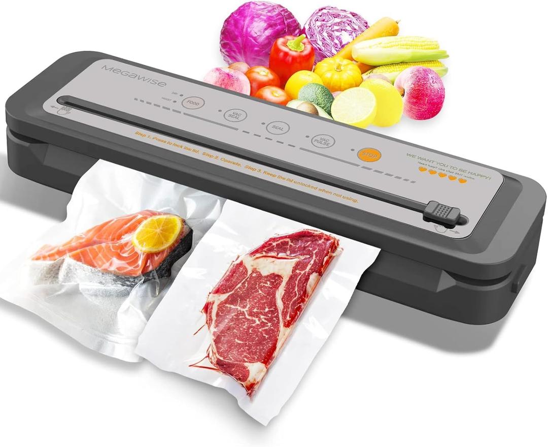MEGAWISE 202309 Updated Model B w/ 4 Food Type/3 Bag Type Selection Food Vacuum Sealer Builtin Cutter for Fresh Saver of all food types moist, dry cold (Machine grey)