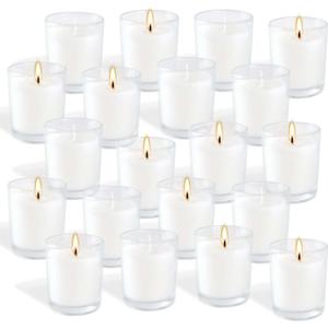 20 Pack White Unscented Glass Cup Candles - 15-20 Hour Burn Time, Soy Wax, Minimalist Style for Home Decor, Weddings, Parties & Special Occasions.