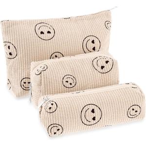 Huhumy 3 Pcs Makeup Bag Set for Women Corduroy Cosmetic Pouch Aesthetic Smile Travel Toiletry Bag Cute Purse Pouch Pencil Case Makeup Brushes Storage Organizer with Zipper(Beige,Smile Face)