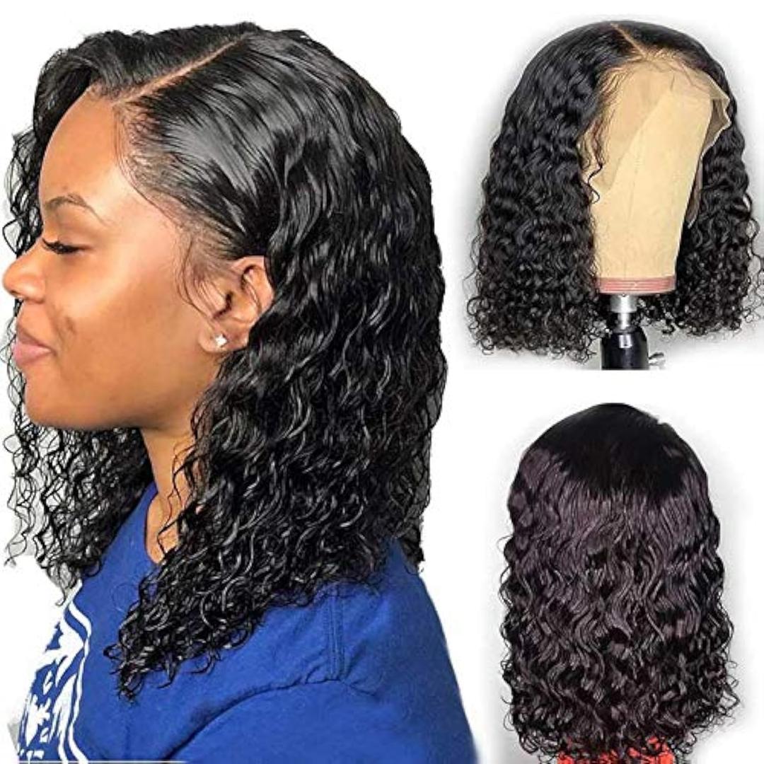 150% Density Water Wave Pre Plucked Front Lace Wigs Human Hair 14 Inch Natural Black Brazilian Virgin Real Hair Glueless Bob Lace Wig Natural Hairline (Bob Lace Front Wigs Water Wavy)
