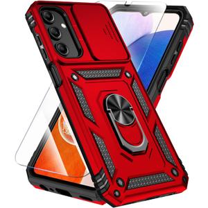 SunStory Phone Case for Samsung Galaxy A15 5G Case with HD Screen Protector & Slide Camera Cover & Rotated Ring Kickstand, [Military-Grade] Phone Case for Galaxy A15 5G (Red)