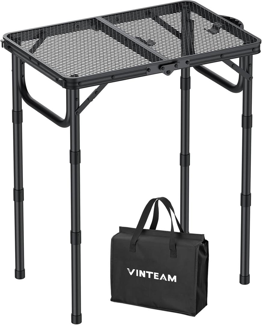 VINTEAM Camping Folding Grill Table | 3 Adjustable Heights | Lightweight, Portable Aluminum Table for BBQs, Picnic, and Outdoor Use | Mesh Desktop, 66lbs Weight Capacity