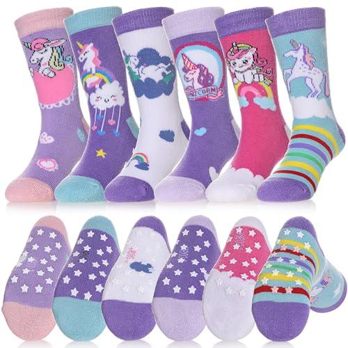 Dosoni Toddler Non Slip Grip Socks Baby Girls Boys Kids Anti Slip Crew Thick Warm Cotton Gift Socks 6 Pairs Unicorn,4-6 Year Old
