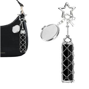 Lip Balm Keychain with Mirror - Stainless Steel Mesh Bag Keychains, Lipstick Storage Case for Women Bags Purses (Silver-black Oval Mirror)