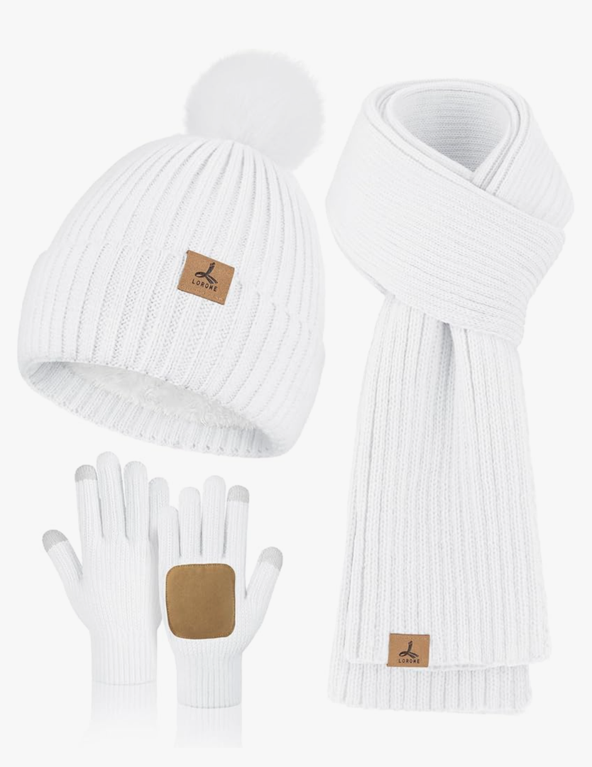 LOROME Women Winter Beanie Hat Scarf Gloves Set, Fleece Knitted Pompom Hat Warm Neck Scarf Touchscreen Gloves Winter Gift, One Size