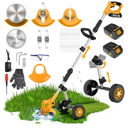 20000 RPM Electric Weed Wacker Cordless, 3-in-1 Weed Eater Cordless with Battery Powered, Lawn Mower/Grass Trimmer/Lawn Edger with 3 Types Blades, Battery Weed Wacker with Wheels (2 Battery, Yellow)