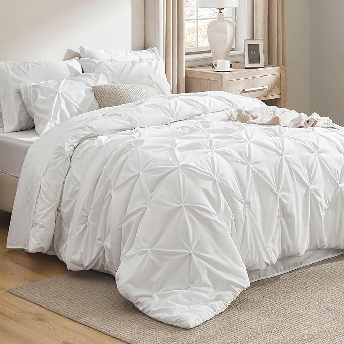 Bedsure White Queen Comforter Set - Bed in a Bag Queen 7 Pieces, Pintuck Bedding Sets White Bed Set with Comforter, Sheets, Pillowcases & Shams