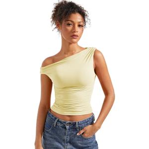 SUUKSESS Women Off Shoulder Tops Sleeveless Shirts Y2K Trendy Going Out Crop Tank Top (Butter Yellow, S)