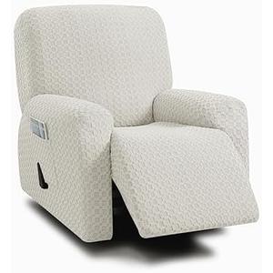 ULTICOR 4-Piece, 1 Seat Recliner Cover, Jacquared Stretch Reclining Chair Covers for 1 Cushion Reclining Sofa, Single Seat Recliner Couch Cover, Soft, Machine Washable (Style 2) (Ivory)