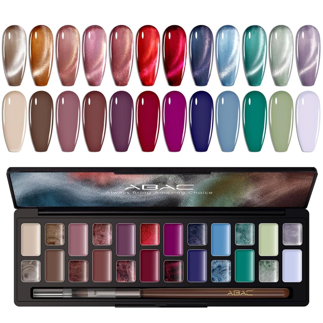 ABAC Solid Cat Eye Gel Nail Polish Palette,Hema-Free 24 Colors Pink Red Green Shimmer Cat Eye Gel Polish,Creme Gel Manicure Palette with Brush and Magnet Soak Off LED Gift for Women (Royal Enamel)