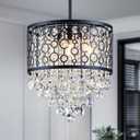 WUZUPS Crystal Drum Chandelier Ceiling Pendant Light Modern Lighting Fixture for Entry Hallway Kitchen Bathroom Bedroom, H 15.7" x W 16.1", E12 Base, Black