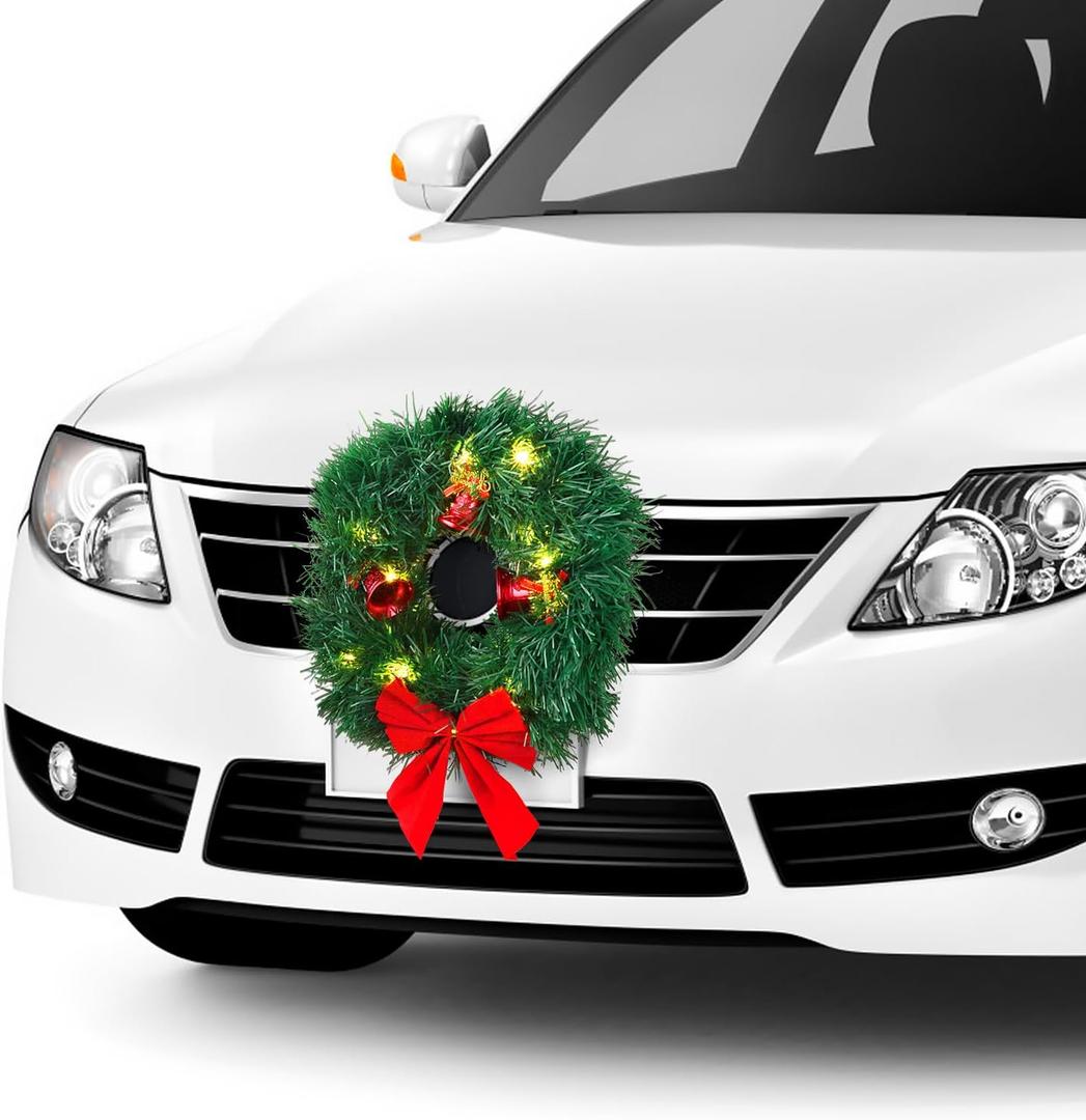 Christmas Car Decoration Wreath with Lights Christmas Car Wreath Accessories for Car, Truck, SUV or Any Car Grille, Mounting Equipment Included (Green)