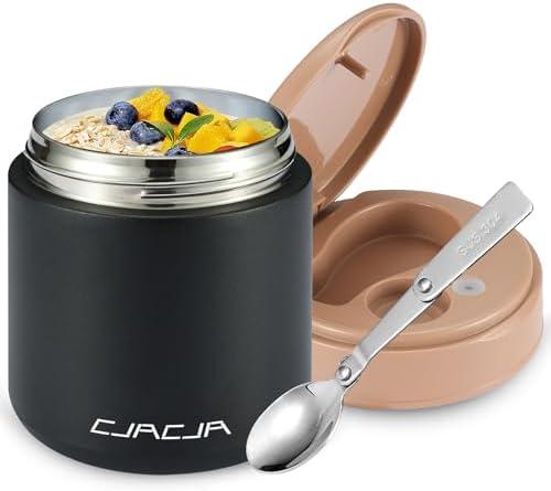 Insulated Food Jar for Kids - 15.2 Oz, Thermo for Hot Food, Soup Thermo, Insulated Food Container, Termos Para Comida Caliente, Width Mouth Stainless Steel Lunch Box with Spoon, Black