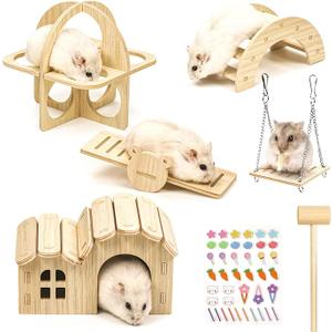 Pack of 5 Wooden Hamster Toys, Hamster Hideout House DIY Bridge Seesaw Swing and Training Toy Cage Decor Accessories Hamster Playground for Gerbils, Rats and Dwarf Hamsters