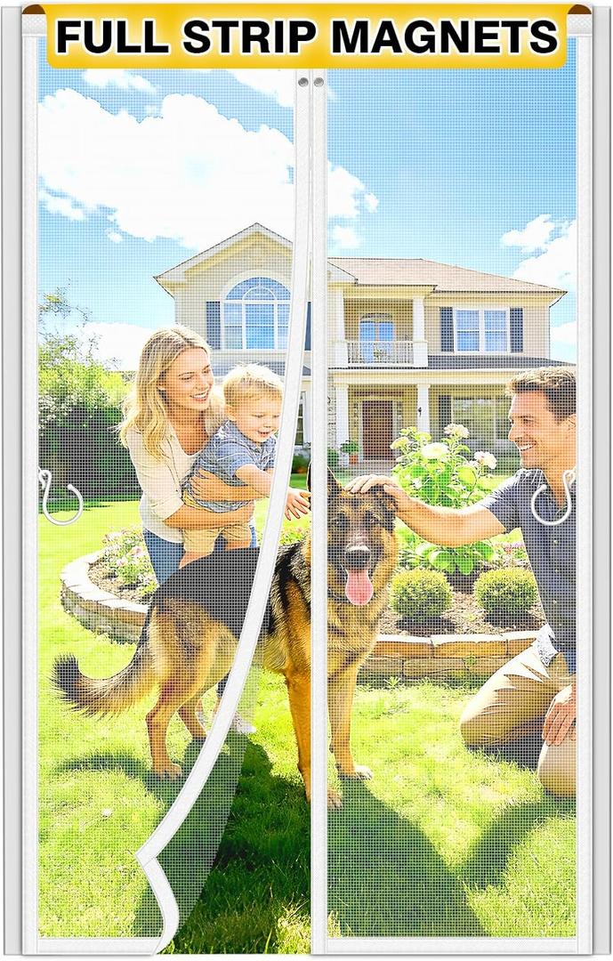 HOFUDON Upgraded Magnetic Screen Door Mesh, Full Strip Magnets, Heavy Duty Fiberglass Mesh, Door Screen Magnetic Closure for Single Door Size 38 x 82 Inch, Screen Door Size 40 x 84 Inch White