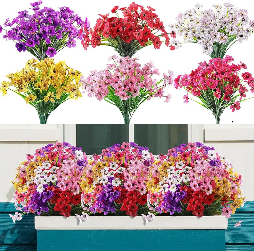 24 Bundles Artificial Flowers for Outdoor,No Fade Fake Plastic Flowers Faux Plants for Decoration Hanging Planters Indoor Outside Garden Porch Window Box Home Wedding Farmhouse (Mix 6 Colors)