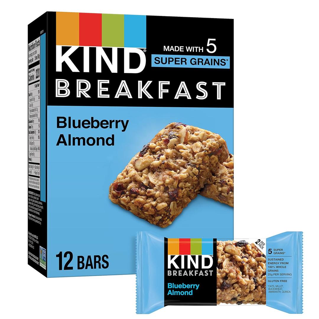 KIND Breakfast Bars, Blueberry Almond, Healthy Snacks, Gluten Free, 100% Whole Grains, 3g Protein, 6 Count, Best Before: 14/JUL/2026