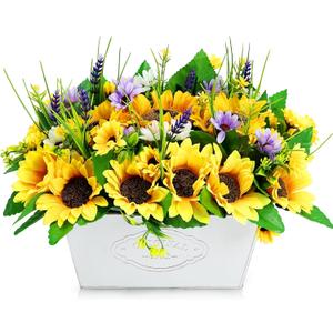 Pre-made Sunflower Centerpieces for Tables, Farmhouse Artificial Sunflowers Centerpieces in Pot Fake Sunflowers Arrangement for Home Decor, Rustic Potted Greenery for Wedding Party Kitchen Room