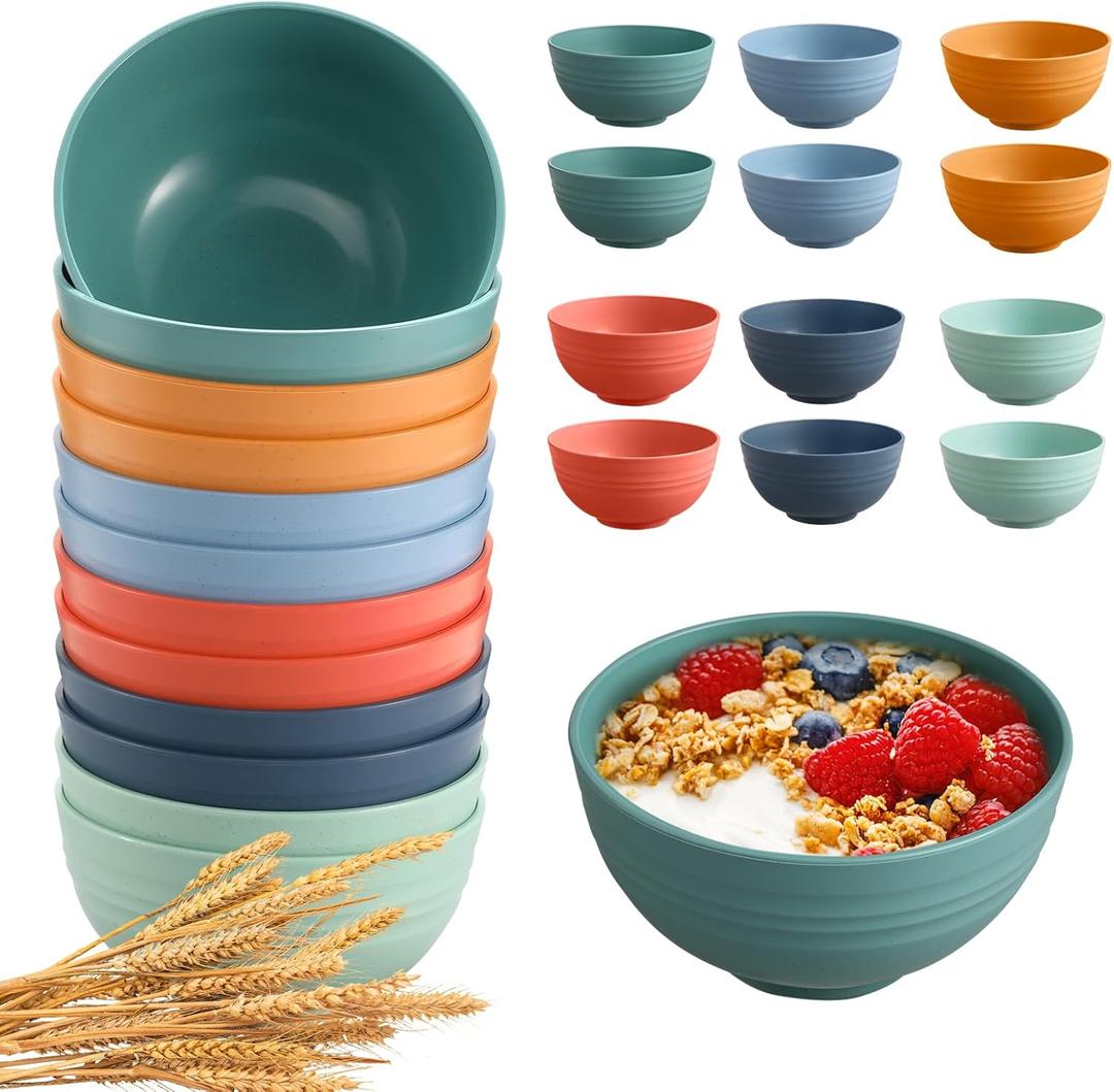 HEYCOME 12 Pcs Unbreakable Cereal Bowls Set, 26 Oz Wheat Straw Bowls Set, Microwave & Dishwasher Safe Rice Bowls for Kitchen, Reusable Plastic Bowls for Soup, Salad and Snack, BPA Free, Multicolor