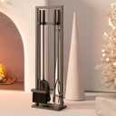 5 Pieces Fireplace Tools Set Wrought Iron Fireplace Tools with Chimney Poker, Tongs, Shovel, Brush and Stand Hearth Accessories Set, Black (11x30inch)